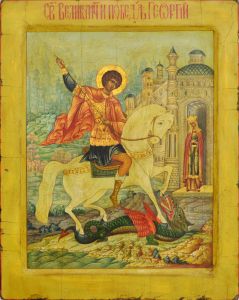 Рукописная икона Чудо Георгия о змие №59 (Размер 22х28 см)