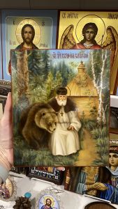 Рукописная икона Серафим Саровский с медведем масло  (Размер 17х21 см)