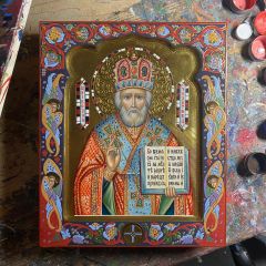 Рукописная икона Николай Чудотворец с херувимами №142 
