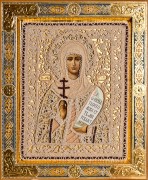 Рукописная икона Наталия с жемчужным окладом (Размер 27*35 см)